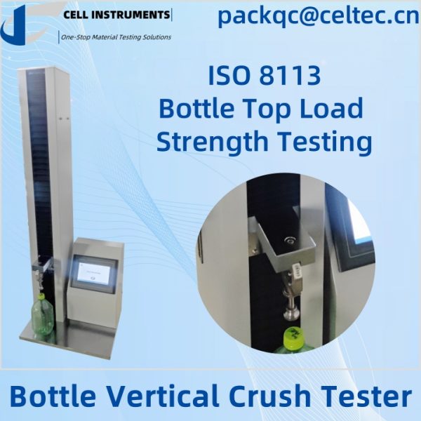 07 pudeles vertikālā saspiešanas testera pudeles augšējās slodzes izturības tests ISO 8113 07 pudeles vertikālā saspiešanas testera pudeles augšējās slodzes izturības tests ISO 8113